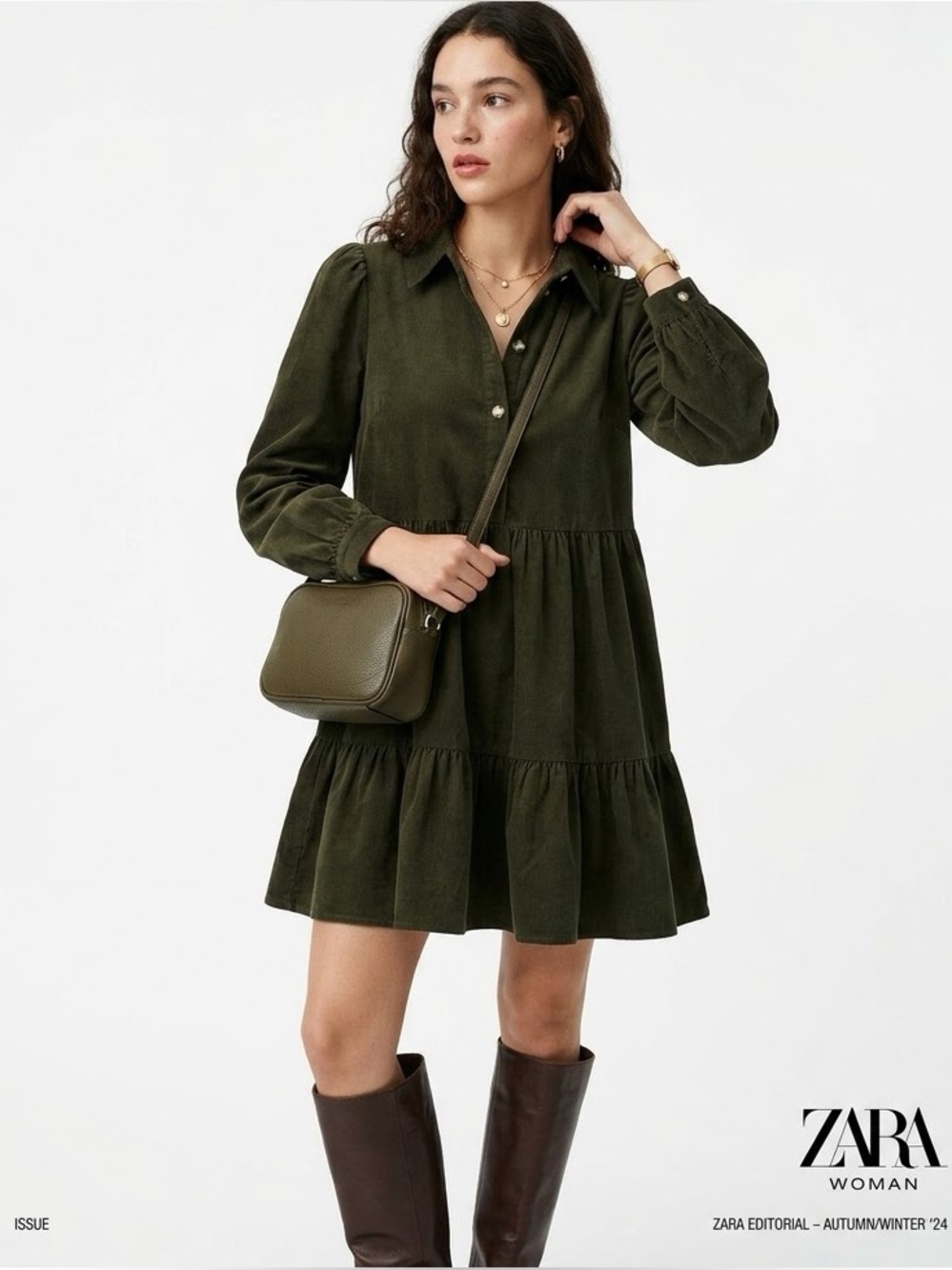 ZARA Dark Olive Tiered Collared Mini Dress